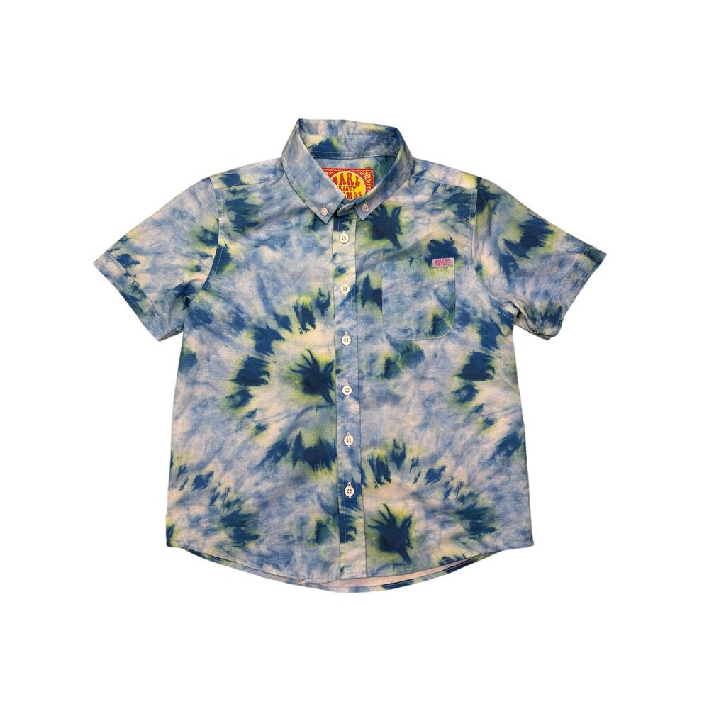 RSVLTS Boys Tie Dye Button Up Shirt XS Blue Green Short Sleeve Pocket EUC